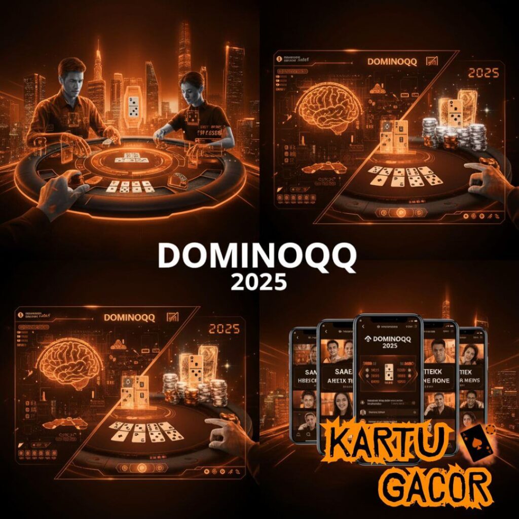 Ilustrasi DominoQQ 2025 dengan latar belakang hitam dan aksen oranye menyala. Menunjukkan interaksi pemain, chip yang menumpuk, dan antarmuka modern di perangkat mobile.