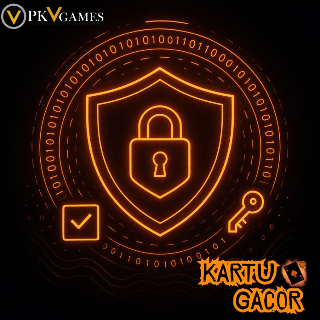 Visualisasi Keamanan Sistem PKV: Perisai digital futuristik dengan gembok dan kode enkripsi oranye neon pada latar belakang hitam, melambangkan proteksi akun berlapis yang ketat.