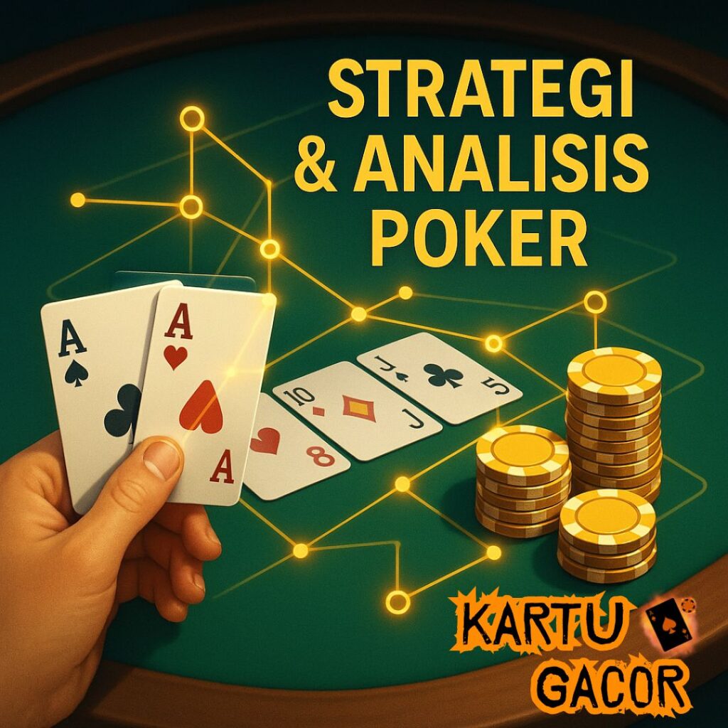 Visualisasi strategi poker PKV: Tangan kartu yang kuat dengan overlay grafik analisis, menunjukkan pentingnya pot odds dan manajemen modal untuk kemenangan konsisten.